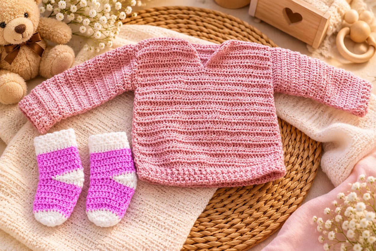Conjunto rosa de ropa de bebé tejido con patucos, fotografía proporcionada por Mercashop