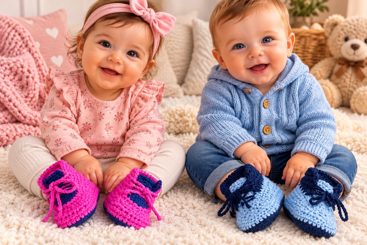 Dos bebés con patucos de ganchillo rosas y azules, fotografía proporcionada por Mercashop