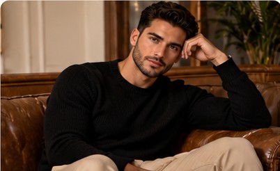 Modelo sentado con ropa de hombre